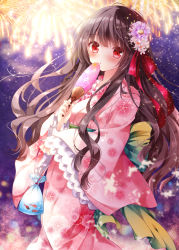Rule 34 | 1girl, :o, amelie-san (nogi takayoshi), blush, bow, brown hair, fireworks, fish, floral print, flower, goldfish, green bow, hair flower, hair ornament, hair ribbon, hand fan, japanese clothes, kimono, long hair, long sleeves, looking at viewer, night, night sky, nogi takayoshi, obi, original, paper fan, parted lips, purple flower, red eyes, red ribbon, ribbon, sash, sidelocks, sky, sleeves past wrists, solo, standing, star (sky), starry sky, uchiwa, very long hair, water, wide sleeves