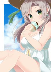 Rule 34 | 1girl, alternate costume, bare shoulders, blue sky, breasts, cleavage, day, dress, earrings, food, green eyes, grey hair, hat, highres, holding, holding food, ice cream, jewelry, kantai collection, kazuki kan, kinugasa (kancolle), large breasts, long hair, looking at viewer, sky, sleeveless, smile, solo, straw hat, white dress