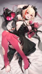 Rule 34 | 1girl, absurdres, areola slip, arm strap, arm up, banana (girls&#039; frontline), bed sheet, black dress, black gloves, black ribbon, blonde hair, blush, boots, bottle, breasts, chinese commentary, commentary request, cup, dinergate (girls&#039; frontline), dress, drinking glass, full body, girls&#039; frontline, gloves, hair between eyes, hand up, high heel boots, high heels, highres, holding, holding bottle, knees up, long hair, looking at viewer, lying, m4 sopmod ii (devourer of the feast) (girls&#039; frontline), m4 sopmod ii (girls&#039; frontline), mechanical arms, medium breasts, megaphone, multicolored hair, nail polish, no bra, official alternate costume, on back, open mouth, pink footwear, pink nails, pink thighhighs, ray (pixiv9514208), red eyes, red hair, ribbon, single mechanical arm, smile, solo, streaked hair, thigh boots, thigh strap, thighhighs, toenail polish, toenails, torn clothes, torn thighhighs