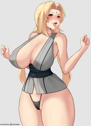 Rule 34 | 1girl, blonde hair, blush, breasts, brown eyes, cleavage, curvy, highres, huge breasts, large breasts, long hair, looking at viewer, naruto, naruto (series), naruto shippuuden, open mouth, smile, solo, standing, thick thighs, thighs, tongue, tongue out, tsunade (naruto)