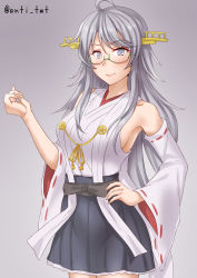 Rule 34 | 1girl, ahoge, anti (untea9), black skirt, breasts, cosplay, detached sleeves, frills, glasses, gradient background, green-framed eyewear, grey background, grey eyes, hair between eyes, hairband, hand on own hip, headgear, highres, kantai collection, kirishima (kancolle), kirishima (kancolle) (cosplay), kirishima kai ni (kancolle), large breasts, long hair, looking at viewer, nontraditional miko, ribbon-trimmed sleeves, ribbon trim, silver hair, skirt, smile, solo, twitter username, washington (kancolle), wide sleeves