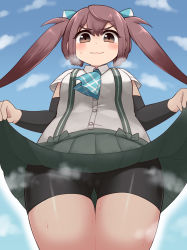 Rule 34 | asagumo (kancolle), ascot, bike shorts, brown eyes, brown hair, clothes lift, cowboy shot, from below, grey skirt, hair ribbon, highres, kantai collection, lifting own clothes, long hair, pleated skirt, ribbon, shirt, shorts, shorts under skirt, simoyuki, skirt, skirt lift, solo, suspenders, twintails, white shirt