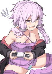 Rule 34 | 1girl, bare shoulders, black jacket, bow, breasts, cleavage, collarbone, controller, grey background, hair between eyes, hair bow, holding, holding controller, indian style, jacket, long hair, long sleeves, off shoulder, open mouth, panties, playing games, playstation controller, shiseki hirame, simple background, sitting, skindentation, solo, sweatdrop, teeth, thighhighs, underwear, upper teeth only, v-shaped eyebrows, white panties, yuzuki yukari