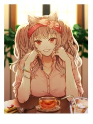 Rule 34 | 1girl, alternate costume, angelina (arknights), animal ears, arknights, bad id, bad pixiv id, bead bracelet, beads, blurry, blurry background, bracelet, breasts, brown hair, commentary request, cup, drinking glass, drinking straw, fork, fox ears, grin, hairband, hands up, highres, indoors, jewelry, long hair, looking at viewer, partial commentary, pink shirt, red eyes, red hairband, shirt, short sleeves, smile, solo, teacup, twintails, upper body, yoshiga