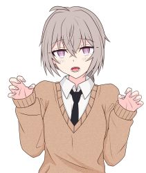 Rule 34 | 1girl, absurdres, ahoge, black necktie, blush, brown sweater, collared shirt, commentary request, girls&#039; frontline, gotoo, grey hair, hair between eyes, highres, long sleeves, looking at viewer, m200 (girls&#039; frontline), nail polish, necktie, open mouth, purple eyes, purple nails, school uniform, shirt, simple background, sleeves past wrists, solo, sweater, upper body, white background, white shirt
