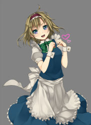 Rule 34 | 1girl, ahoge, alice margatroid, alternate costume, apron, blonde hair, blue eyes, cosplay, detached collar, enmaided, female focus, hairband, heart, izayoi sakuya, izayoi sakuya (cosplay), lowres, maid, maid apron, open mouth, puffy sleeves, short hair, short sleeves, simple background, solo, touhou, unasaka ryou, wrist cuffs