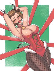 Rule 34 | 1girl, 8bitcardinal, alternate costume, armpits, arms behind head, arms up, artist name, ball gag, bdsm, blush, bondage, bound, breasts, brown eyes, brown hair, christmas, cleavage, dutch angle, eyeshadow, fake antlers, female focus, fire emblem, fire emblem: three houses, fishnet pantyhose, fishnets, fur-trimmed leotard, fur trim, gag, gagged, green background, half-closed eyes, highres, holly, large breasts, leotard, light brown hair, lipstick, looking at viewer, makeup, manuela casagranda, matching hair/eyes, mole, mole under eye, neck bell, nintendo, official alternate costume, open mouth, orange lips, pantyhose, short hair, solo