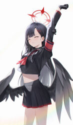Rule 34 | 1girl, ^ ^, absurdres, armband, arms up, bbul horn, black choker, black gloves, black hair, black serafuku, black wings, blue archive, blush, choker, closed eyes, commentary, cropped shirt, feathered wings, gloves, halo, highres, holding own arm, ichika (blue archive), long sleeves, midriff, midriff peek, navel, neckerchief, pleated skirt, red armband, red halo, red neckerchief, school uniform, serafuku, simple background, skirt, smile, solo, stretching, white background, wings