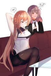 Rule 34 | 2girls, begging, brown hair, commentary request, couch, english text, fingerless gloves, gentiane (girls&#039; frontline), girls&#039; frontline, girls&#039; frontline 2: exilium, glass table, gloves, hair ribbon, harafrontline, highres, korean commentary, long hair, multiple girls, one eye closed, ots-14 (girls&#039; frontline), pink hair, ribbon, speech bubble, table