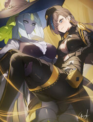 Rule 34 | 2girls, blue eyes, blue hair, blunt bangs, braid, breasts, brown hair, choker, cleavage, colored skin, doll joints, duel monster, genyaky, hair over one eye, hat, highres, joints, large breasts, long hair, long sleeves, multicolored hair, multiple girls, streaked hair, thighhighs, witch hat, witchcrafter golem aruru, witchcrafter haine, yu-gi-oh!