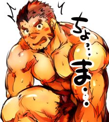 Rule 34 | 1boy, akashi (live a hero), bara, blush, blush stickers, completely nude, doro rich, dressing, facial hair, goatee, live a hero, long sideburns, looking at viewer, male focus, male pubic hair, muscular, muscular male, nude, paid reward available, pectoral squeeze, pectorals, penis, penis out of frame, penis peek, pubic hair, red eyes, red hair, scar, scar on face, scar on nose, short hair, shy, sideburns, solo, sweat, thick eyebrows, translation request