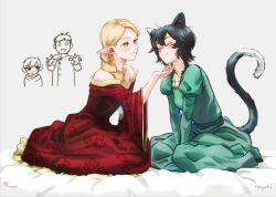 Rule 34 | 2boys, 2girls, animal ears, arm support, artist name, bare shoulders, bed sheet, black hair, blonde hair, braid, braided ponytail, cat ears, cat girl, cat tail, chibi, chibi inset, chilchuck tims, dress, dungeon meshi, elf, full body, green dress, green eyes, hair behind ear, hair over shoulder, hand up, hapchi, izutsumi, juliet sleeves, laios touden, long hair, long sleeves, looking at another, marcille donato, mismatched animal ear colors, multiple boys, multiple girls, off-shoulder dress, off shoulder, official alternate costume, official alternate hairstyle, on bed, parted bangs, petting, pointy ears, puffy sleeves, reaching, red dress, scratching chin, short hair, simple background, single braid, sitting, smile, tail, v arms, wide sleeves