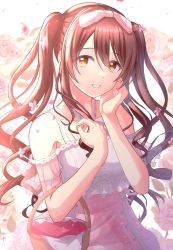 Rule 34 | 1girl, bare shoulders, basket, brown hair, citrusmikan, commentary request, dress, flower, hair between eyes, hair ribbon, highres, idolmaster, idolmaster shiny colors, long hair, looking at viewer, off-shoulder dress, off shoulder, osaki tenka, petals, ribbon, rose, smile, solo, twintails, upper body, yellow eyes