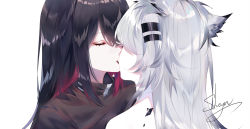 Rule 34 | 2girls, arknights, artist name, black hair, closed eyes, food, lappland (arknights), material growth, multiple girls, oripathy lesion (arknights), pocky, pocky kiss, portrait, shared food, sheya, signature, silver hair, simple background, texas (arknights), white background, yuri