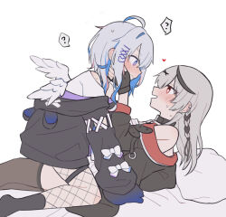 Rule 34 | 2girls, ?, amane kanata, amane kanata (punk rock), angel wings, black jacket, black socks, black thighhighs, blue eyes, blue hair, blush, closed mouth, commentary request, ear piercing, eye contact, fishnet thighhighs, fishnets, girl on top, grey hair, hair ornament, heart, hololive, jacket, kiga104, long hair, looking at another, multiple girls, off shoulder, open mouth, piercing, sakamata chloe, sakamata chloe (1st costume), socks, socks over thighhighs, spoken question mark, thighhighs, virtual youtuber, wings, x hair ornament, yuri