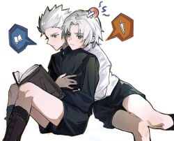 Rule 34 | 2boys, annoyed, bishounen, black shirt, black shorts, blue eyes, book, boots, dante (devil may cry), devil may cry (series), highres, multiple boys, reading, shirt, shorts, vergil (devil may cry), white hair, white shirt, www (1184187582)