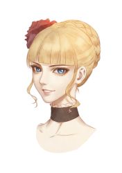 Rule 34 | 1girl, aluce, bad id, bad twitter id, beatrice (umineko), blonde hair, blue eyes, blunt bangs, braid, choker, commentary, eyelashes, flower, frilled choker, frills, grin, hair flower, hair ornament, highres, looking at viewer, parted lips, portrait, red flower, red rose, rose, short hair, simple background, smile, solo, symbol-only commentary, umineko no naku koro ni, white background, white frills