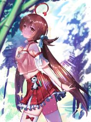 Rule 34 | 1girl, ahoge, bow, bow legwear, breasts, brown eyes, brown hair, commentary request, detached sleeves, dyed ahoge, frilled skirt, frills, hair between eyes, highres, long hair, looking at viewer, pleated skirt, ponytail, red bow, shinka musume, shinka musume channel, short sleeves, skirt, smile, snowflakes, solo, sparkle, stuffed animal, stuffed toy, teeth, ten no hoshi, virtual youtuber, white legwear