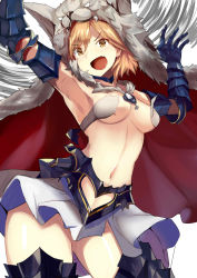 Rule 34 | &gt;:d, 10s, 1girl, :d, animal costume, armor, armored boots, armored dress, arms up, blonde hair, boots, breasts, brown eyes, cape, contrapposto, convenient censoring, djeeta (granblue fantasy), gauntlets, granblue fantasy, highres, looking at viewer, medium breasts, midriff, miniskirt, navel, no panties, open mouth, revealing clothes, short hair, sideboob, skirt, smile, solo, standing, thighs, underboob, v-shaped eyebrows, wolf costume, yoshizawa tsubaki