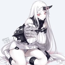 Rule 34 | 10s, 1girl, abyssal ship, breasts, claws, detached sleeves, dress, female focus, horns, kantai collection, large breasts, long hair, looking at viewer, red eyes, ribbed dress, rokuwata tomoe, seaport princess, short dress, simple background, single horn, solo, very long hair, white hair
