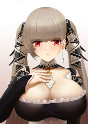 Rule 34 | 1girl, absurdres, azur lane, bare shoulders, between breasts, black dress, breasts, chinese commentary, cleavage, clothing cutout, dress, earrings, formidable (azur lane), frilled dress, frills, gradient background, hand on own chest, highres, jewelry, large breasts, long sleeves, necktie, necktie between breasts, phoenix (lanzilong646), red eyes, shoulder cutout, simple background, solo, twintails, two-tone ribbon, upper body