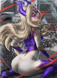 Rule 34 | 10s, 1girl, arched back, arms at sides, artist name, ass, blonde hair, bodysuit, boku no hero academia, boots, breasts, building, carlos miguel, city, cityscape, day, domino mask, from behind, giant, giantess, gloves, highres, horns, large breasts, long hair, looking at viewer, looking back, mask, mount lady, outdoors, parted lips, purple eyes, realistic, road, sitting, skin tight, solo, street, superhero costume, teeth, thighhighs, wariza