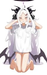 1girl absurdres black_horns blue_archive bottomless demon_horns demon_wings halo highres hina_(blue_archive) horns kneeling long_hair low_wings multiple_horns parted_bangs purple_eyes showtime775 sidelocks simple_background white_background white_hair wings