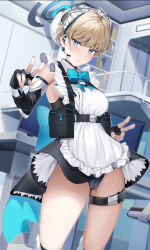 Rule 34 | 1girl, absurdres, apron, black gloves, blonde hair, blue archive, blue eyes, commentary, double v, expressionless, fingerless gloves, gloves, halo, highres, looking at viewer, maid, maid apron, maid headdress, neck ribbon, pol winner, ribbon, toki (blue archive), v