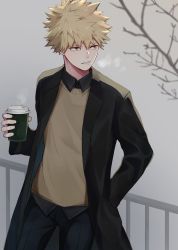 Rule 34 | 1boy, alternate costume, bakugou katsuki, black jacket, black pants, black shirt, blonde hair, boku no hero academia, branch, collared shirt, commentary request, cowboy shot, cup, disposable cup, grey background, hand in pocket, highres, holding, jacket, looking to the side, male focus, miyanami 3, open clothes, pants, shirt, solo, spiked hair