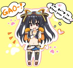 Rule 34 | 1girl, animal ears, black hair, boots, crawford (semochan), four goddesses online: cyber dimension neptune, goggles, goggles on head, jacket, long hair, looking at viewer, neptune (series), open mouth, orange jacket, paw pose, paw print, red eyes, solo, two side up, uni (neptunia), yellow background