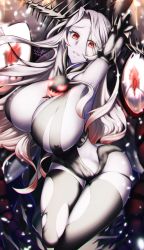 Rule 34 | 1girl, abyssal ship, arms up, batavia princess, blush, breasts, closed mouth, colored skin, covered erect nipples, gauntlets, glowing, glowing eyes, hair between eyes, headgear, highres, huge breasts, kantai collection, long hair, mochitsuki (mo chooon), red eyes, solo, thighhighs, thighs, underboob, very long hair, white skin