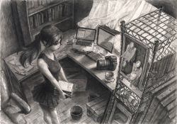 Rule 34 | 1girl, amazon (company), book, bookshelf, box, cardboard box, carrying, chair, coffee mug, commentary, computer, cup, curtains, desk, female focus, from above, graphite (medium), greyscale, highres, hiru, holding, holding book, indoors, keyboard (computer), laptop, lips, long hair, monitor, monochrome, mug, notebook, original, paper, pen, pleated skirt, ponytail, shelf, shirt, skirt, sleeveless, sleeveless shirt, solo, sunlight, traditional media, trash can, walking, wind, window