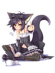 Rule 34 | 1girl, :&lt;, animal ears, antenna hair, black hair, blush, boots, bow, crescent moon, detached sleeves, dog ears, dog tail, esoragoto, gothic lolita, hair bow, highres, jewelry, knee boots, lolita fashion, middle finger, moon, navel, necklace, original, short hair, simple background, sitting, skirt, solo, striped clothes, striped thighhighs, tail, thighhighs, vertical-striped clothes, vertical-striped thighhighs, yellow eyes, zettai ryouiki