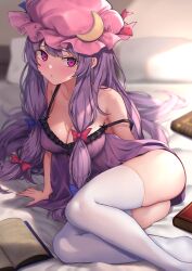 Rule 34 | 1girl, arm support, bare shoulders, blue bow, blush, book, bow, commentary request, dress, hair bow, hat, highres, long hair, looking at viewer, mob cap, patchouli knowledge, pink hat, purple dress, purple eyes, purple hair, red bow, sitting, solo, strap slip, thighhighs, thighs, touhou, very long hair, white thighhighs, wowoguni
