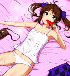 Rule 34 | 1girl, bag, bed, blush, bow, brown hair, camisole, checkered clothes, checkered skirt, food, hair bow, handbag, himekaidou hatate, himeshita johnny mafuyu, long hair, looking at viewer, lying, mid win h, navel, on back, panties, popsicle, purple eyes, skirt, unworn skirt, solo, sweatdrop, touhou, twintails, underwear, underwear only, watermelon bar