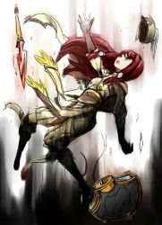 Rule 34 | 1girl, arc system works, blazblue, blazblue: continuum shift, falling, hair tubes, hat, long hair, minatsuki randoseru, outstretched arm, outstretched hand, red hair, solo, tears, tsubaki yayoi, uniform