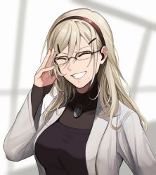 Rule 34 | 1girl, absurdres, adjusting eyewear, black bodysuit, black shirt, blonde hair, bodysuit, breasts, closed eyes, eyepiece, girls&#039; frontline, glasses, hair between eyes, hair ornament, hairband, hairclip, hairpin, hand in own hair, hand on eyewear, highres, lips, long hair, long sleeves, medium breasts, mole, mole under mouth, mouth hold, open clothes, open mouth, open robe, parted lips, red hairband, robe, shaw (girls&#039; frontline), shirt, simple background, smile, solo, teeth hold, unbuttoned, unbuttoned shirt, upper body, white robe, yotsuyama (yomo8ama)