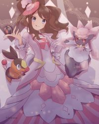 Rule 34 | 1girl, 343rone, :q, absurdres, brown hair, closed mouth, commentary request, creatures (company), diancie, dress, game freak, gen 5 pokemon, gen 6 pokemon, grey eyes, hand up, hat, highres, hilda (pokemon), hilda (special costume) (pokemon), holding, holding poke ball, legendary pokemon, long hair, luxury ball, mini hat, mythical pokemon, nintendo, official alternate costume, pink headwear, poke ball, pokemon, pokemon (creature), pokemon masters ex, sidelocks, smile, tepig, tongue, tongue out, twitter username