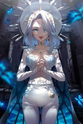 Rule 34 | 1girl, absurdres, belt, blue butterfly, blue cape, blue eyes, blue hair, breasts, bug, butterfly, cape, choker, collarbone, colored inner hair, commission, earrings, eto sister, halo, highres, indie virtual youtuber, insect, jewelry, medium breasts, medium hair, monarch (amalee), multicolored hair, own hands together, pants, silver hair, skeb commission, smile, solo, tongue, tongue out, virtual youtuber, white belt, white choker, white pants