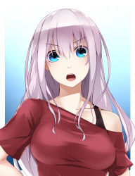Rule 34 | 1girl, blouse, blue background, blue eyes, gradient background, highres, long hair, open mouth, original, outside border, red shirt, shirt, silver hair, solo, winu (hertrion)
