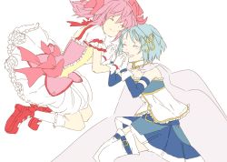 Rule 34 | 10s, 2girls, belt, blue hair, bow, cape, closed eyes, colored eyelashes, dress, eitona, fortissimo, gloves, hair bow, hair ornament, hairclip, highres, holding hands, interlocked fingers, kaname madoka, magical girl, mahou shoujo madoka magica, mahou shoujo madoka magica (anime), mahou shoujo madoka magica movie 1 &amp; 2, miki sayaka, multiple girls, musical note, musical note hair ornament, pink hair, short hair, short twintails, simple background, smile, thighhighs, twintails, white background, zettai ryouiki