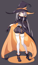 Rule 34 | 1girl, absurdres, black background, black footwear, black gloves, boots, cape, closed mouth, de da xianyu, frilled thighhighs, frills, full body, gloves, grey eyes, grey hair, halloween, halloween costume, hat, heterochromia, highres, long hair, looking at viewer, original, puffy shorts, purple eyes, shorts, simple background, solo, standing, thighhighs, very long hair, white thighhighs, witch, witch hat