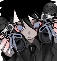 Rule 34 | 1girl, black hair, black nails, black necktie, black shirt, blue eyes, collared shirt, colored sclera, dilated pupils, hair between eyes, highres, holding, holding shoes, long sleeves, looking at viewer, nail polish, necktie, original, parted lips, portrait, red sclera, shirt, shoes, solo, urokogaran