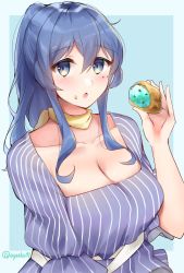 Rule 34 | 1girl, aqua background, ayuko91, blouse, blue hair, blue shirt, border, breasts, casual, cleavage, commentary request, cream puff, food, food on face, gotland (kancolle), highres, kantai collection, large breasts, long hair, looking at viewer, mole, mole under eye, one-hour drawing challenge, ponytail, shirt, solo, striped clothes, striped shirt, twitter username, two-tone background, upper body, vertical-striped clothes, vertical-striped shirt, white border