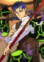 Rule 34 | 10s, 1boy, blue hair, cu chulainn (fate), cu chulainn (fate/stay night), earrings, fate/extra, fate/stay night, fate (series), gae bolg (fate), jewelry, kon manatsu, long hair, male focus, monster, official alternate costume, polearm, ponytail, red eyes, sexy44, solo, spear, waistcoat, weapon