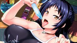 Rule 34 | 10s, 1girl, alcohol, beach chair, black hair, blush, bracelet, breasts, cellphone, choker, competition swimsuit, covered erect nipples, drink, female focus, flip phone, food, fue (rhomphair), jewelry, kajou ayame, large breasts, long hair, looking at viewer, lying, official art, official wallpaper, on back, one-piece swimsuit, open mouth, phone, popsicle, saliva, saliva trail, sexually suggestive, shimoneta to iu gainen ga sonzai shinai taikutsu na sekai, solo, swimsuit, tongue, tongue out, wallpaper, yellow eyes