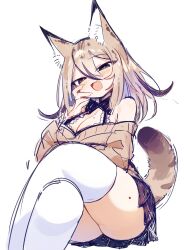 Rule 34 | 1girl, animal ear fluff, animal ears, black bow, black bowtie, blush, bow, bowtie, breasts, brown cardigan, cardigan, cat ears, cat girl, cat tail, cleavage, crossed legs, fang, feet out of frame, from below, green eyes, hair between eyes, half-closed eyes, highres, looking at viewer, medium breasts, mole, mole on breast, mole on thigh, naughty face, ojou-sama pose, original, pleated skirt, serval, serval print, sitting, skirt, solo, tail, thick thighs, thighhighs, thighs, uenomigi, white background, white thighhighs