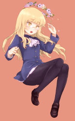 Rule 34 | 1girl, ascot, bad id, bad pixiv id, black pantyhose, blonde hair, blunt bangs, blush, eyebrows, flower, full body, glasses, head wreath, hloox, loafers, long hair, long sleeves, military, military uniform, open mouth, orange background, pantyhose, perrine h. clostermann, shoes, simple background, solo, strike witches, sweatdrop, uniform, world witches series, yellow eyes