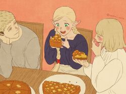 Rule 34 | 1boy, 2girls, :d, blonde hair, blue shirt, blush, braid, casual, closed eyes, closed mouth, dungeon meshi, elbow on table, elf, falin touden, falin touden (tallman), food, green eyes, grey shirt, hair over shoulder, hair ribbon, hands up, happy, head rest, laios touden, long hair, long sleeves, looking ahead, looking at another, looking to the side, marcille donato, multiple girls, nemui usio, open mouth, orange background, pie, pie slice, plate, pointy ears, puffy long sleeves, puffy sleeves, red ribbon, ribbon, shirt, short hair, sitting, smile, tongue, tongue out, twin braids, twintails, twitter username, upper body, white shirt, yellow eyes