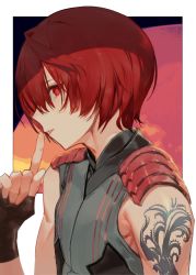 Rule 34 | 1boy, arm tattoo, black gloves, commentary request, fate/grand order, fate (series), finger to mouth, fingerless gloves, fuuma kotarou (fate), gloves, grey shirt, hand up, index finger raised, kodama (wa-ka-me), looking at viewer, male focus, parted lips, red background, red eyes, red hair, shadow, shirt, short hair, shoulder pads, shushing, sidelocks, sideways glance, sleeveless, sleeveless shirt, solo, tattoo, upper body, white background